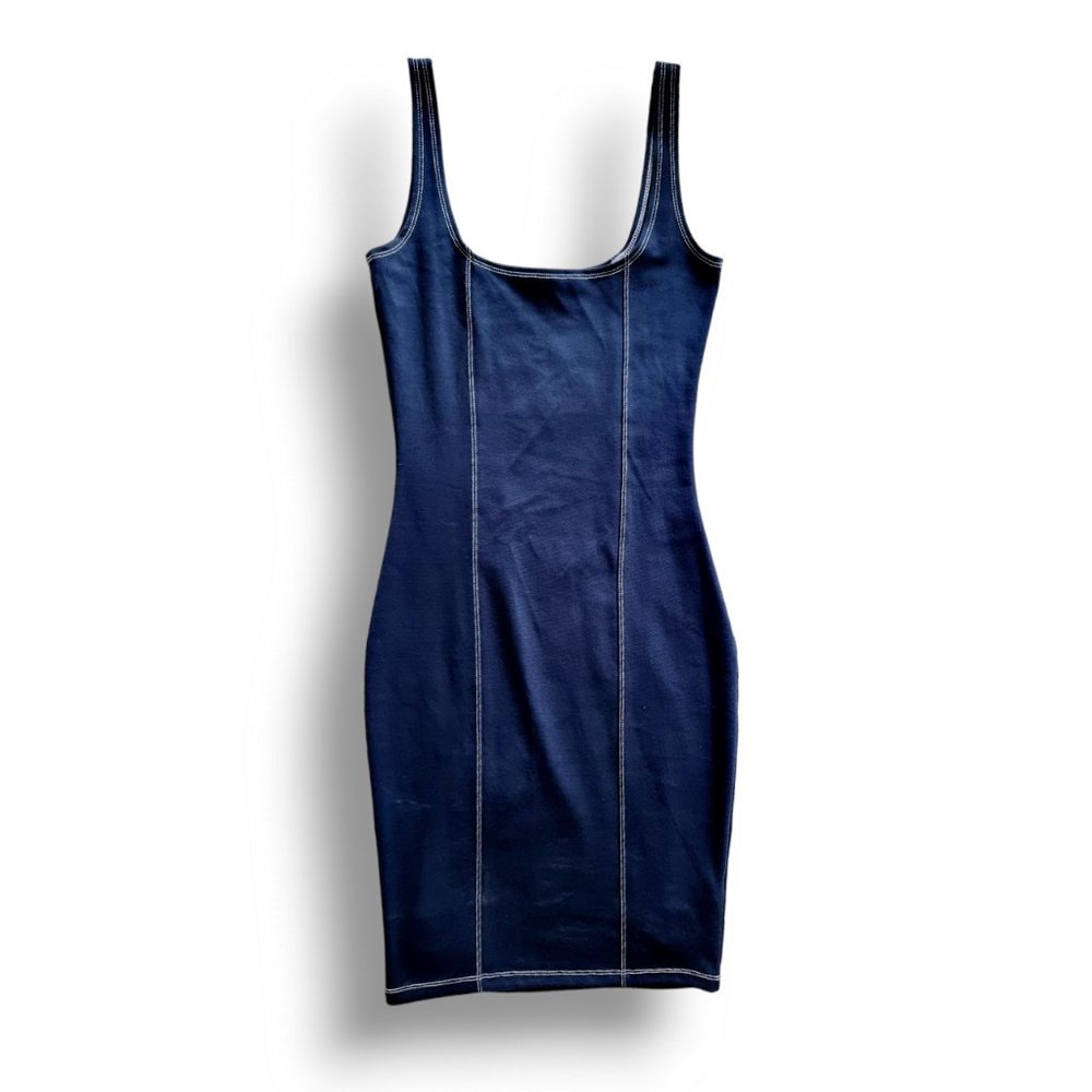 Blue denim-look, knee-length singlet shirt dress with exposed white stitching - Picture 1 of 5